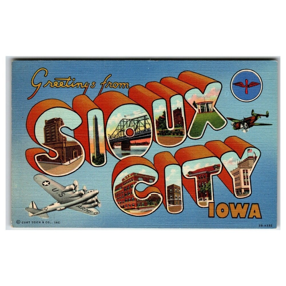 Greetings from Sioux City Iowa Linen Postcard WWII Era Airplanes Bridge